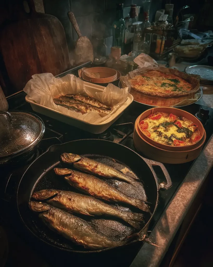 Différentes méthodes de cuisson du poisson : four, vapeur, papillote et poêle, présentées dans une cuisine chaleureuse