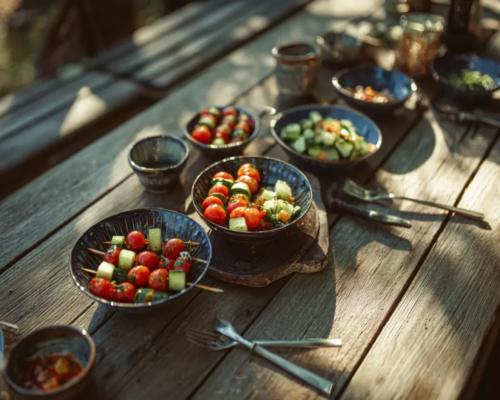 Assortiment d’entrées fraîches estivales avec salades colorées et brochettes de crudités sur une table en bois.
