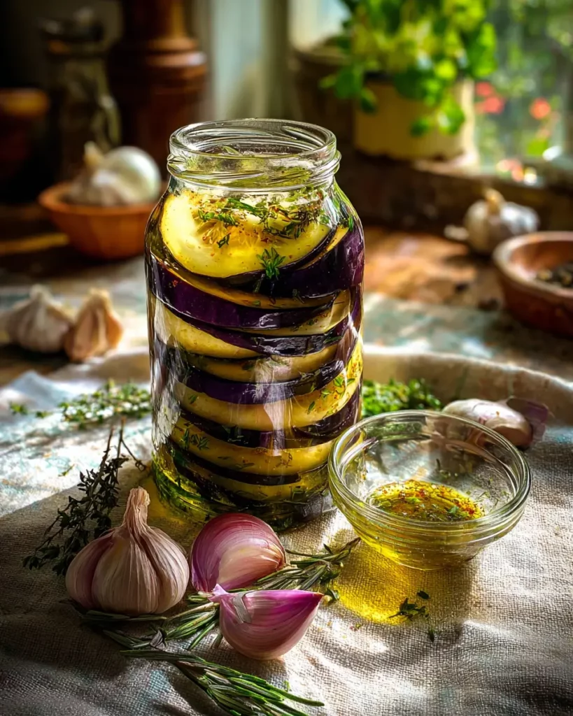 Tranches d’aubergines grillées en train d’être marinées dans un bocal avec ail et herbes