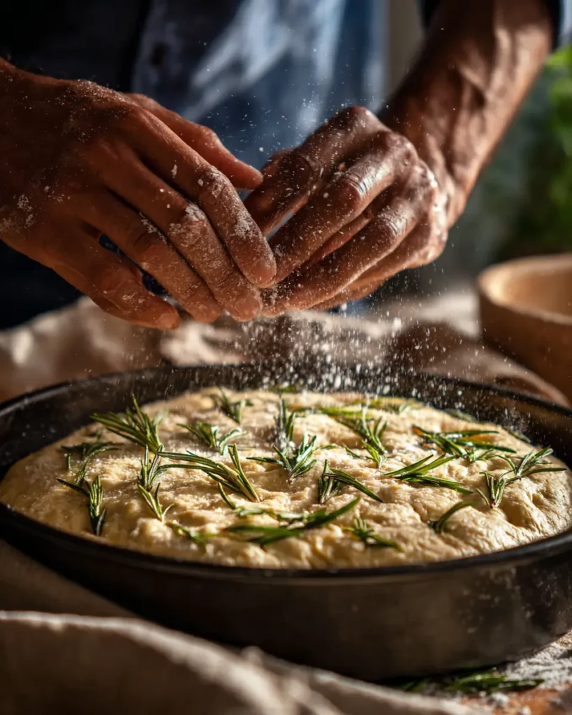 Préparation d’une focaccia : des mains appuient sur la pâte pour former les cavités, garnie de romarin et de sel.