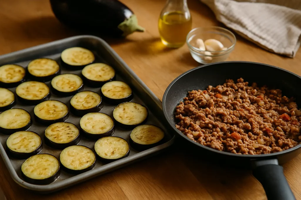 Des tranches d’aubergines grillées au four et de la viande hachée mijotée dans une poêle sur un plan de travail en bois rustique.