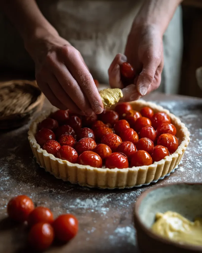 Préparation en étapes d'une tarte aux tomates cerises, de la pâte aux tomates