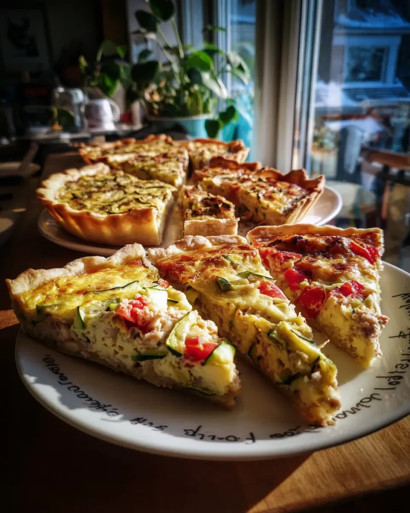Tartes aux courgettes avec différents ingrédients : feta, tomates, thon, moutarde