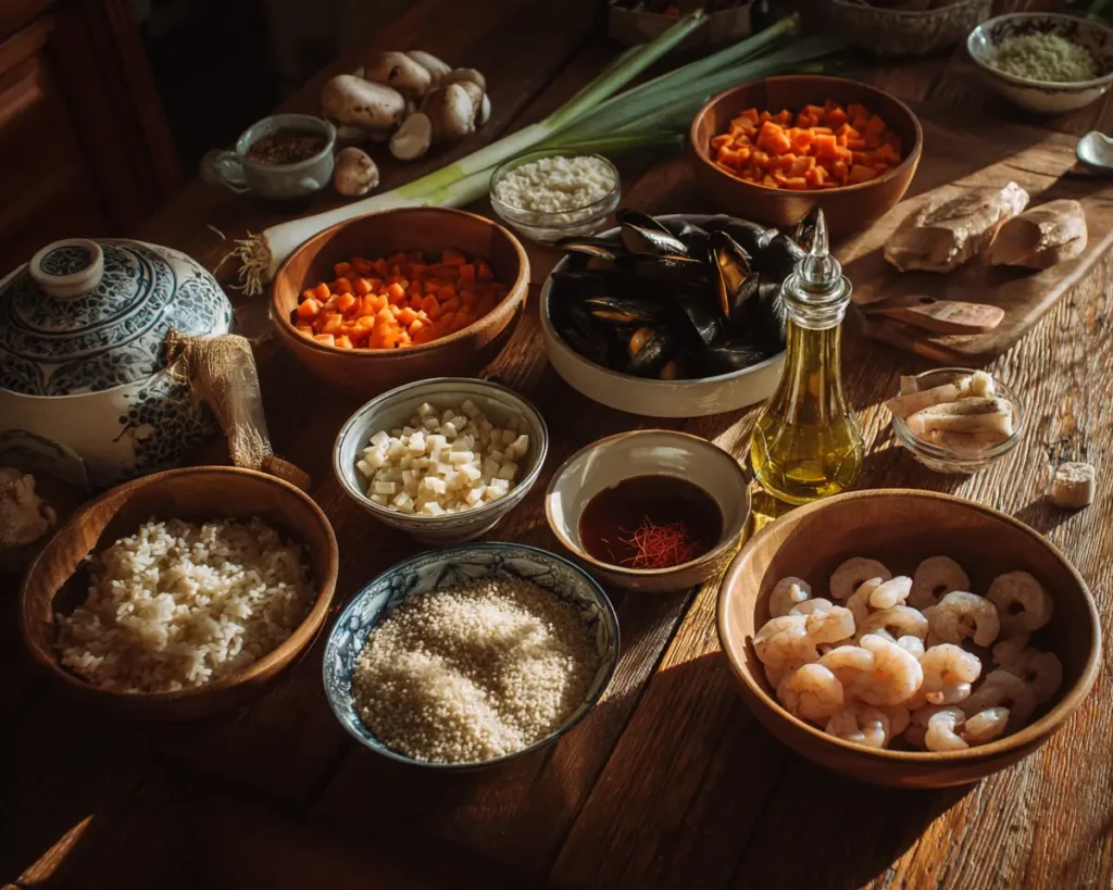 Ingrédients crus pour une paella : riz, crevettes, moules, légumes et épices