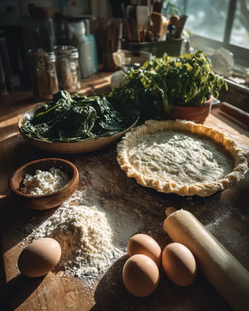 Ingrédients frais pour une tourte de Pâques : épinards, ricotta, œufs, parmesan et pâte brisée.