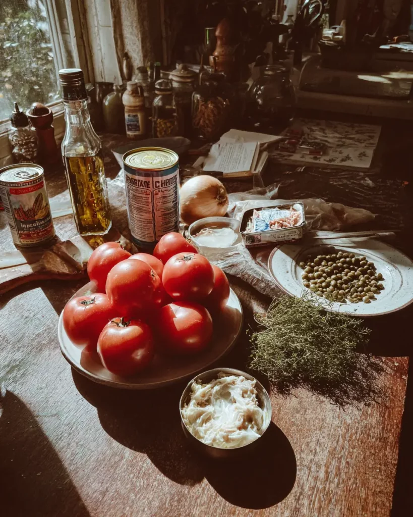 Ingrédients frais pour préparer des tomates farcies au thon : tomates, thon, herbes, oignon et mayonnaise