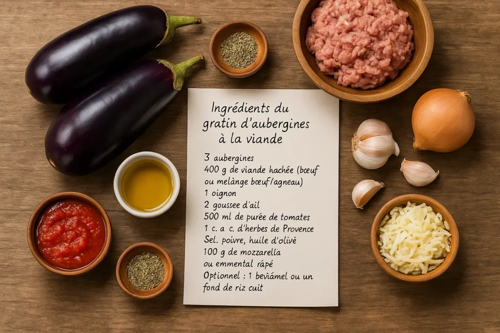 Ingrédients frais pour un gratin d’aubergines à la viande disposés sur une table en bois avec une fiche-recette écrite à la main.