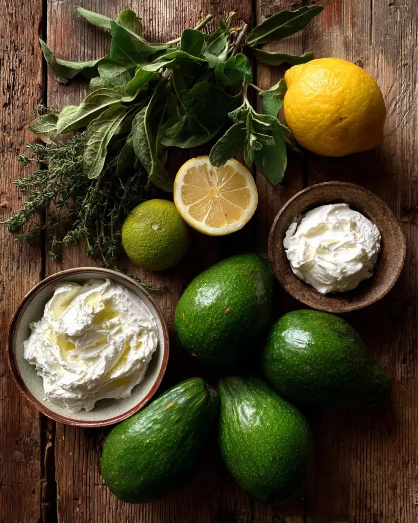 Ingrédients pour mousse d’avocat au fromage blanc posés sur une table en bois
