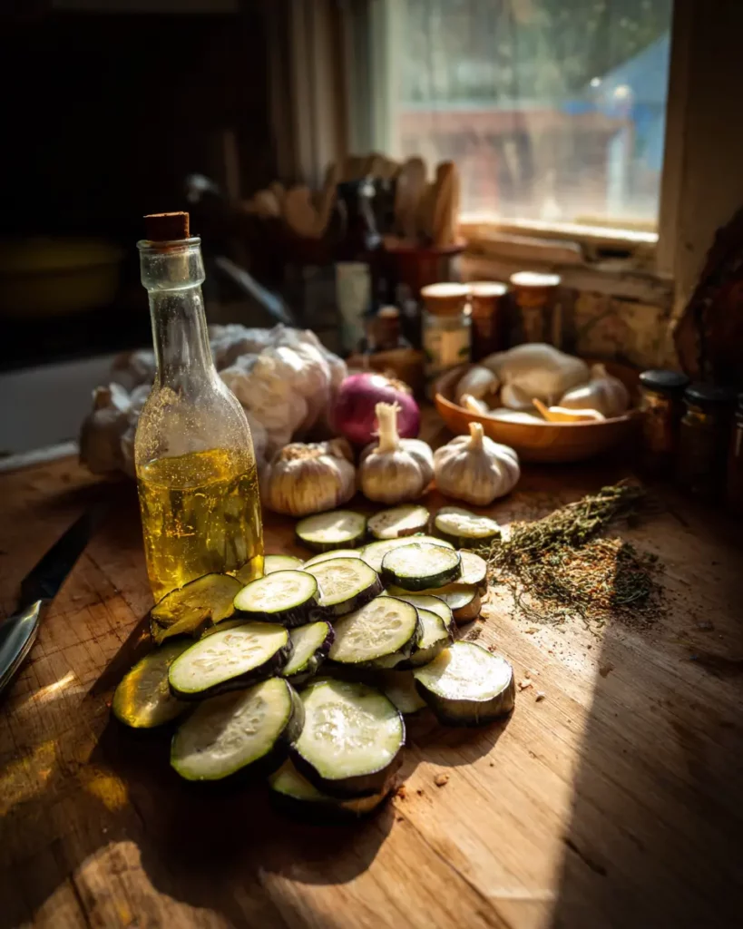 Ingrédients frais pour des aubergines marinées : aubergines, ail, huile d’olive, vinaigre, herbes