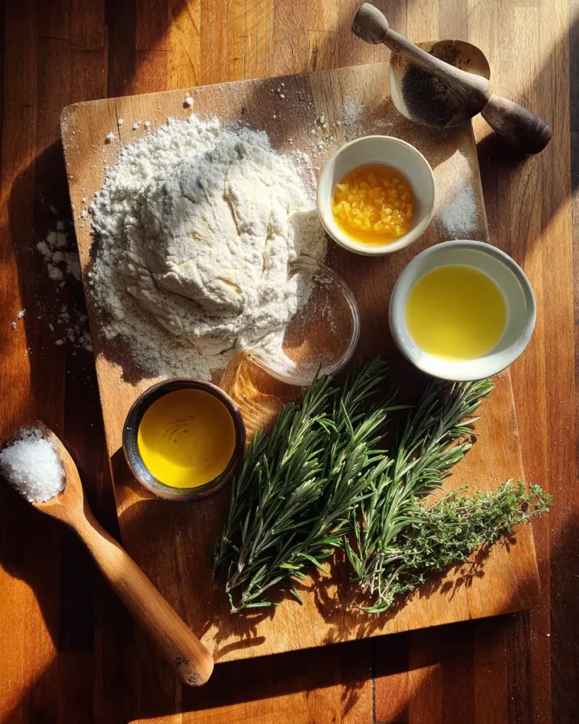 Ingrédients pour une focaccia : farine, huile d’olive, romarin frais, sel de mer et levure dans une cuisine rustique.