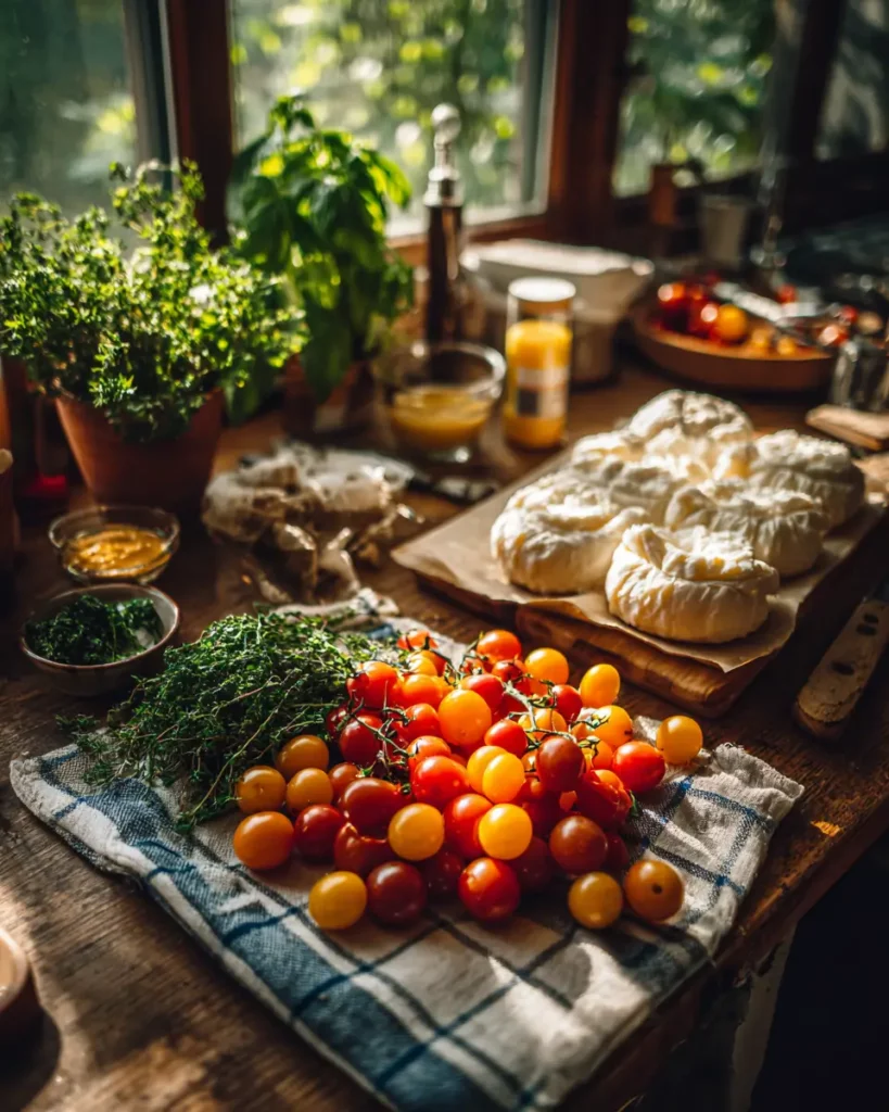 Ingrédients frais pour une tarte aux tomates cerises posés sur une table en bois