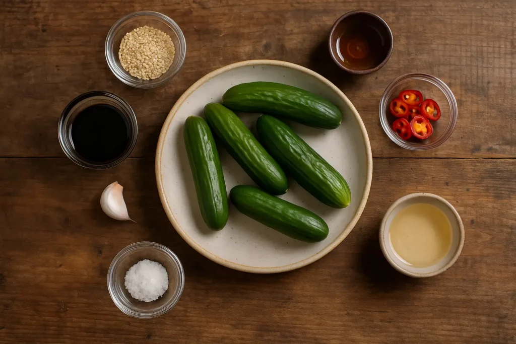 Ingrédients de la salade de concombre tapé disposés sur une table en bois.