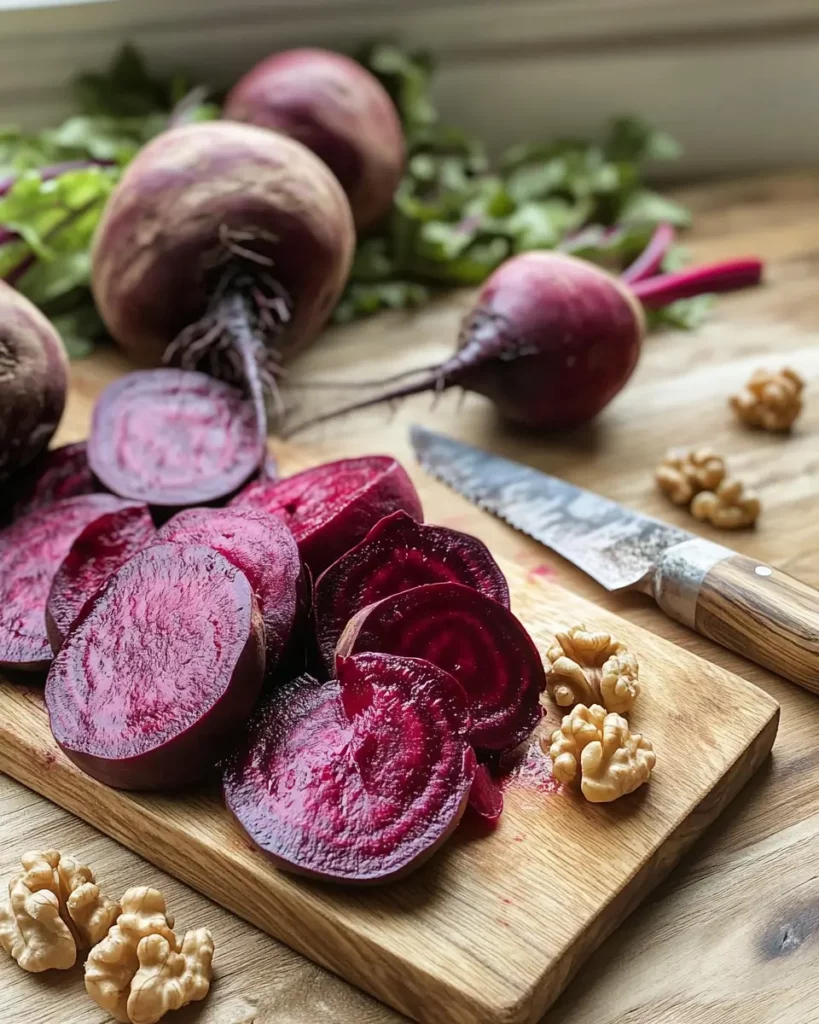 Betteraves crues et noix sur une planche en bois dans une cuisine rustique.