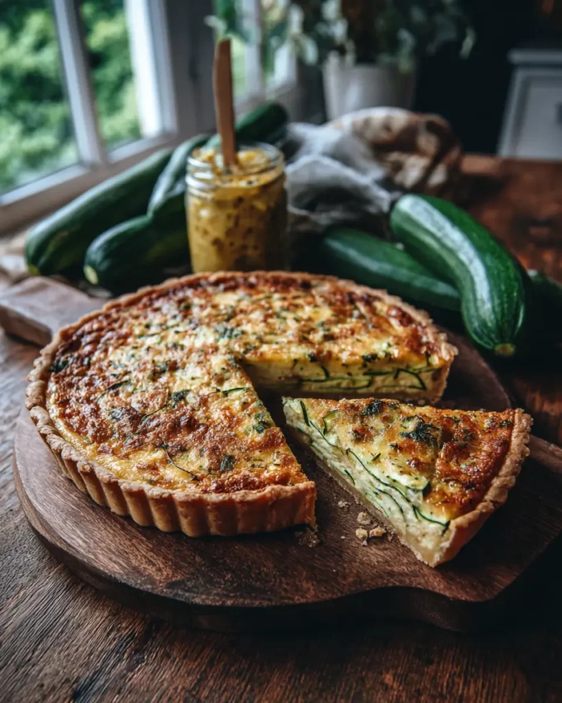 Tranches de tarte aux courgettes sur une planche en bois avec des courgettes fraîches