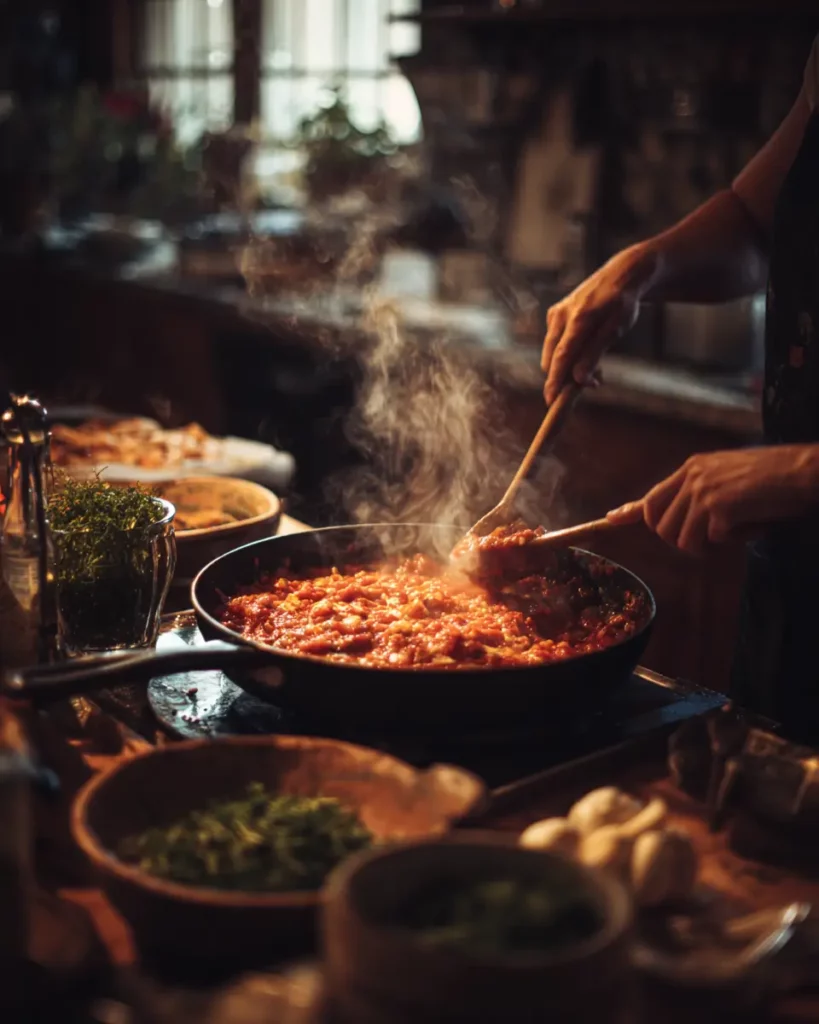 Une cuisinière remue une sauce tomate maison qui mijote dans une grande poêle.