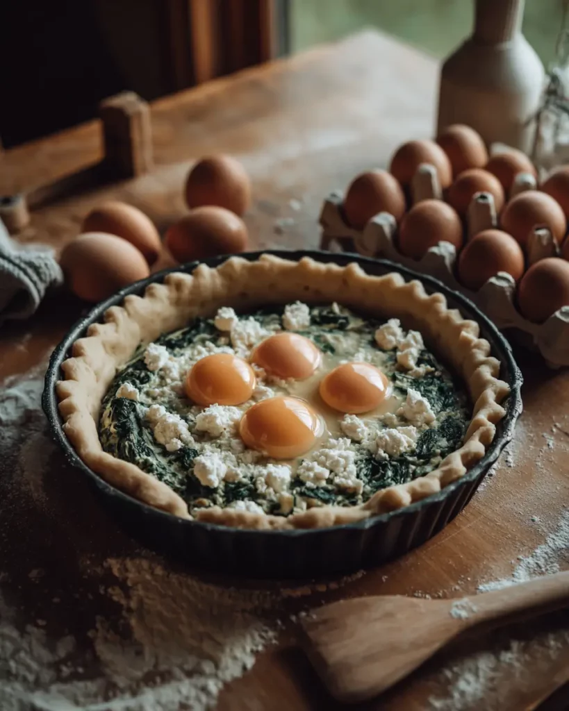 Préparation d’une tourte de Pâques avec farce aux épinards et œufs entiers placés au centre.