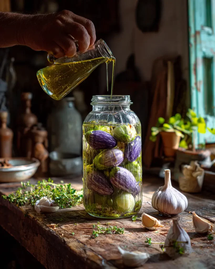 Préparation des aubergines marinées avec ail frais et herbes dans une cuisine rustique