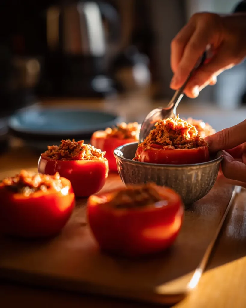 Préparation des tomates farcies au thon avec une main remplissant une tomate évidée
