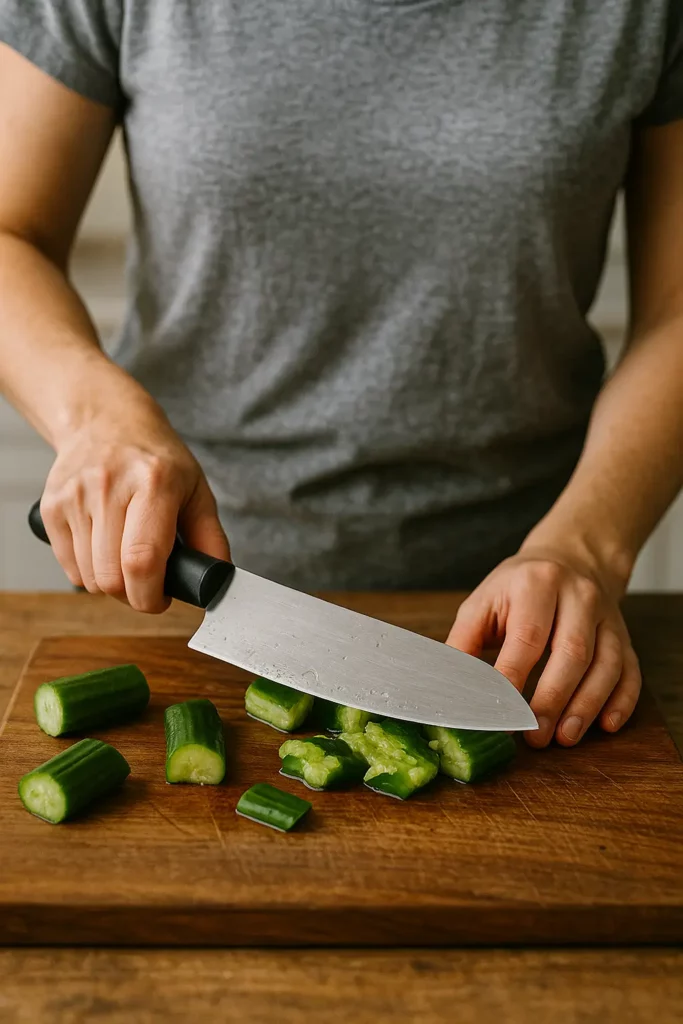 Une personne tape des morceaux de concombre avec un couteau sur une planche en bois.