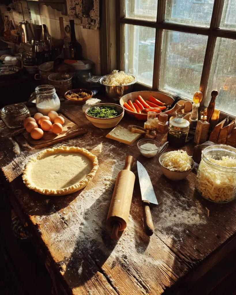 Ingrédients pour une tarte salée sur un plan de travail rustique : œufs, légumes, pâte