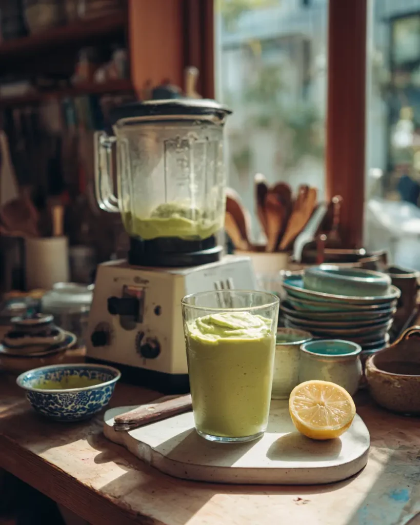 Préparation de la mousse d’avocat et fromage blanc avec les ingrédients dans un blender