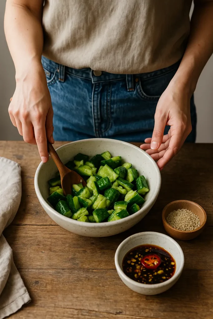 Personne mélangeant une salade de concombre tapé dans un grand bol avec sauce et graines de sésame.
