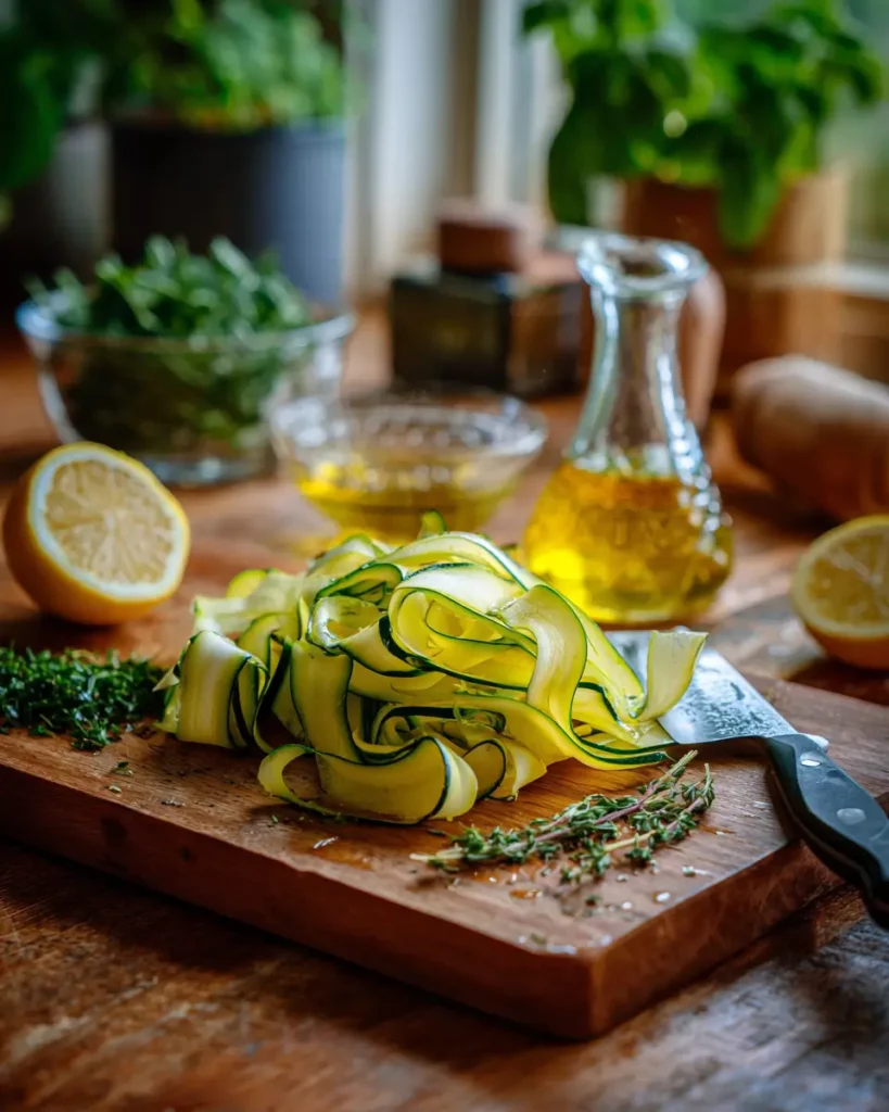 Courgettes crues en rubans découpées à l’économe sur une planche de bois.