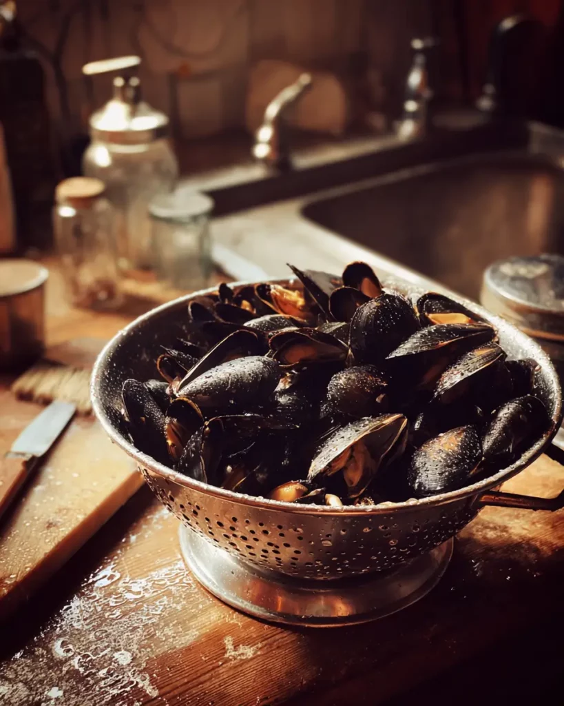 Des moules fraîches nettoyées dans une passoire avec un couteau et une brosse à côté.