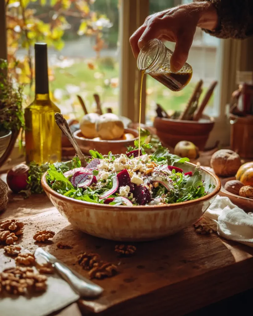 Préparation d’une salade de betteraves et noix avec vinaigrette maison dans une grande coupe.