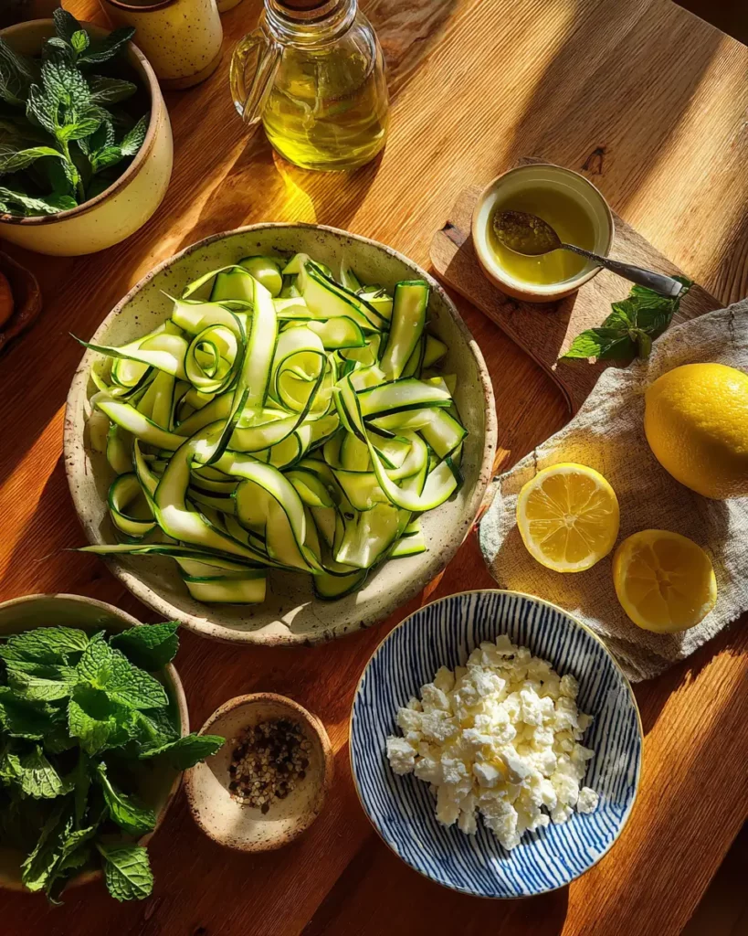Une salade de courgettes crues en rubans, avec feta et herbes, sur une table de cuisine en bois.