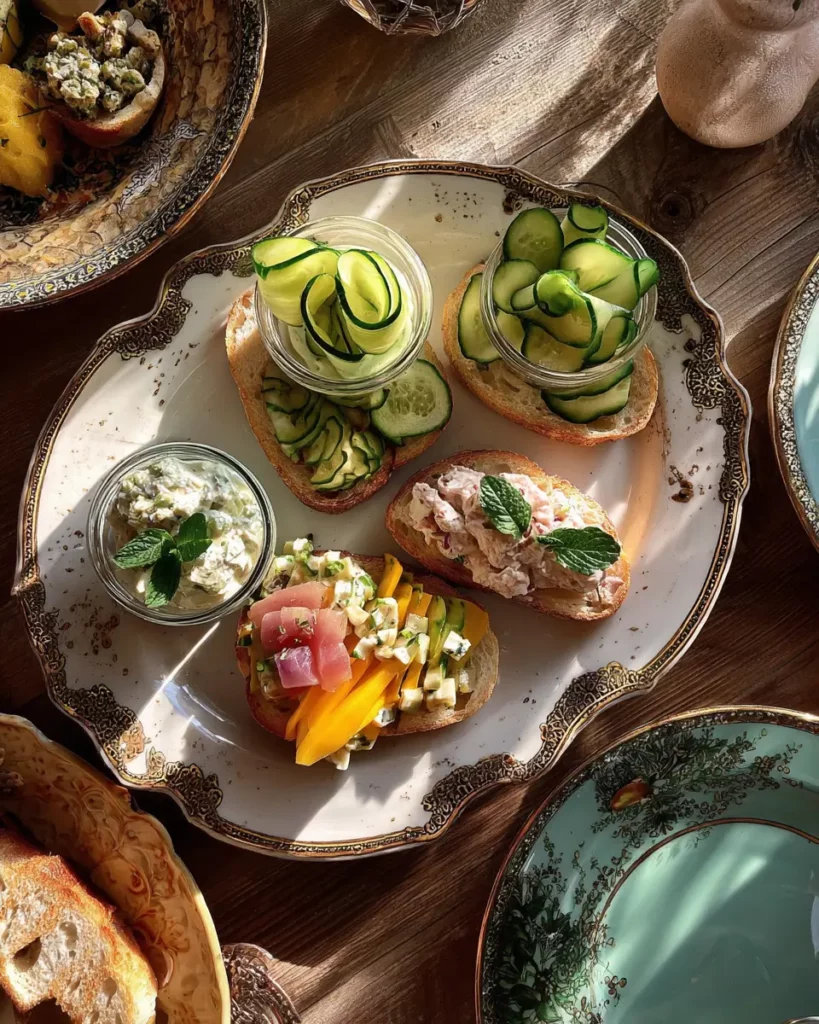 Quatre petites entrées fraîches maison : verrines de concombre, carpaccio de courgette, salade de melon, et rillettes de thon.