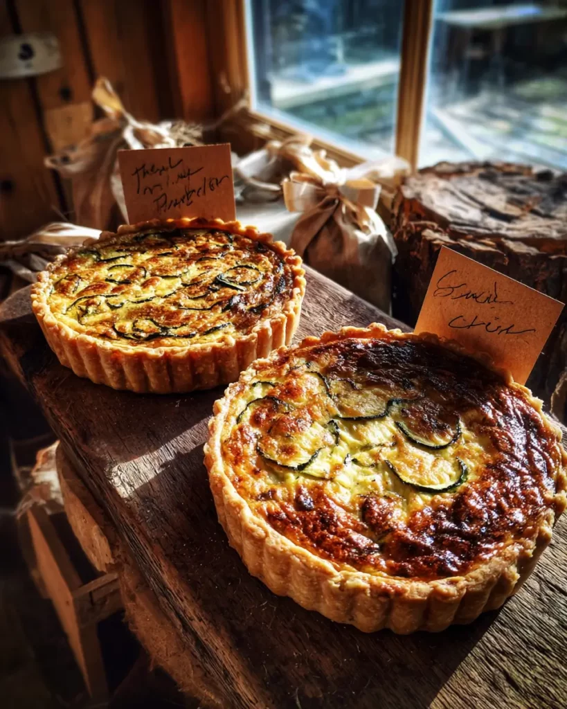 Deux tartes aux courgettes, l'une avec pâte feuilletée, l'autre avec pâte brisée