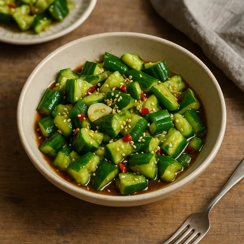 Salade de concombre tapé servie dans un bol en céramique avec ail, piment et sésame.