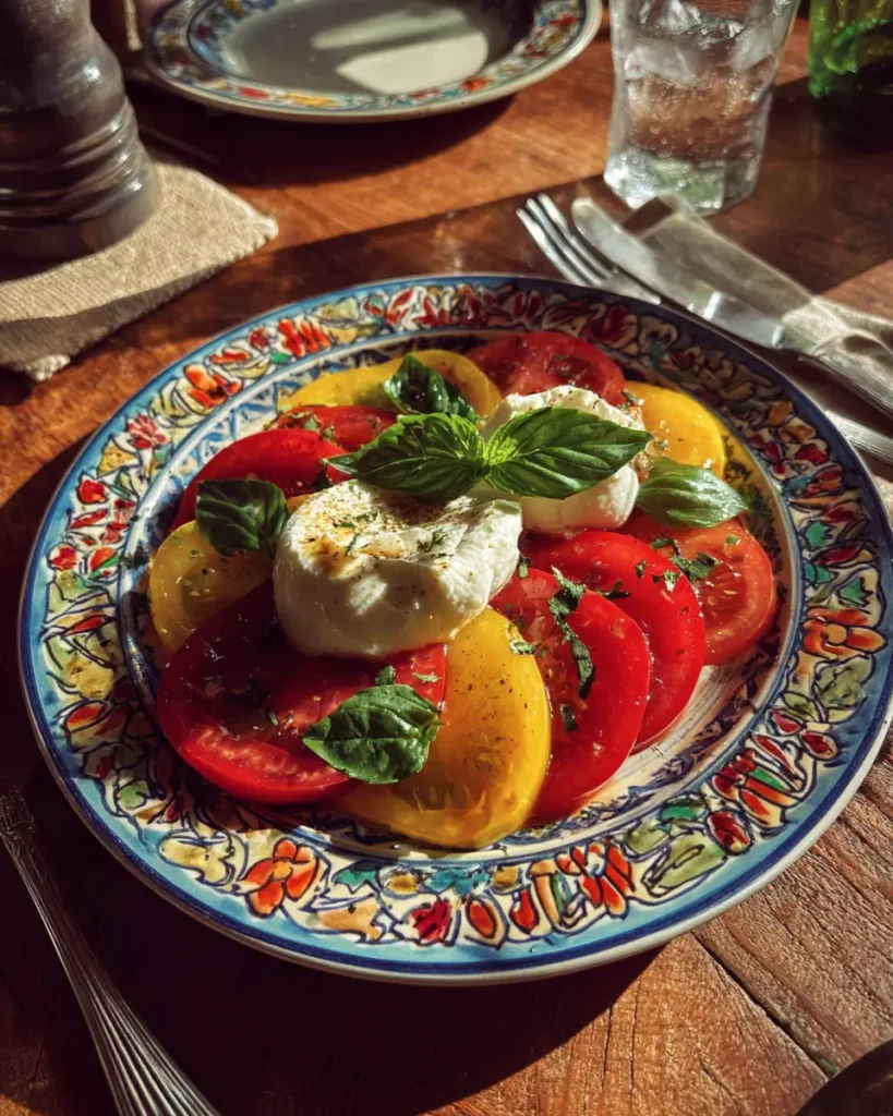 Assiette de tomates anciennes, burrata et basilic servie en entrée fraîche sur une table rustique.