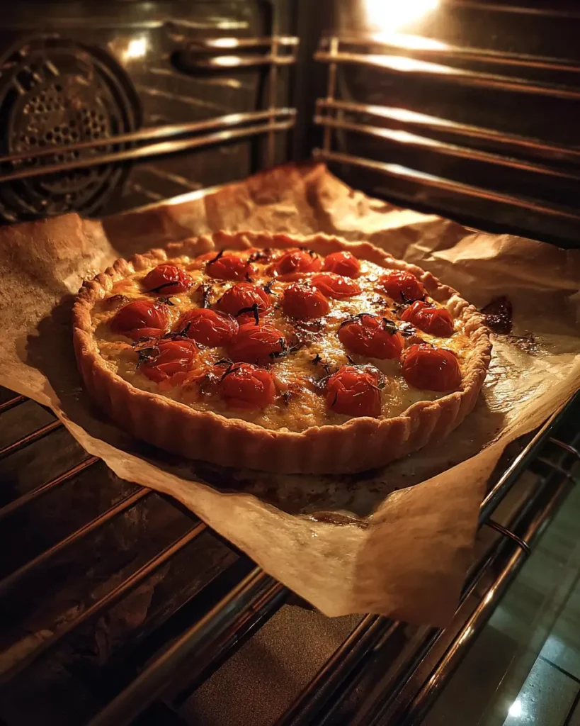 Une tarte aux tomates cerises en train de cuire dans un four, bien dorée