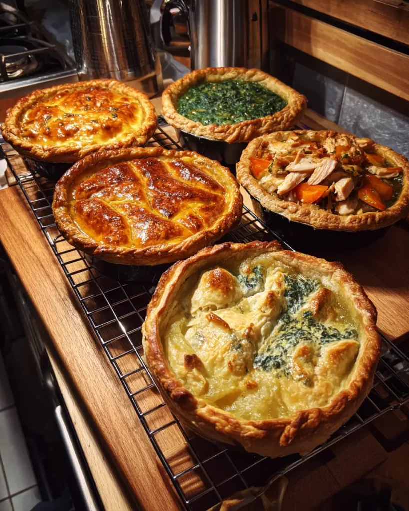 Quatre tourtes originales aux garnitures variées sur un plan de travail de cuisine