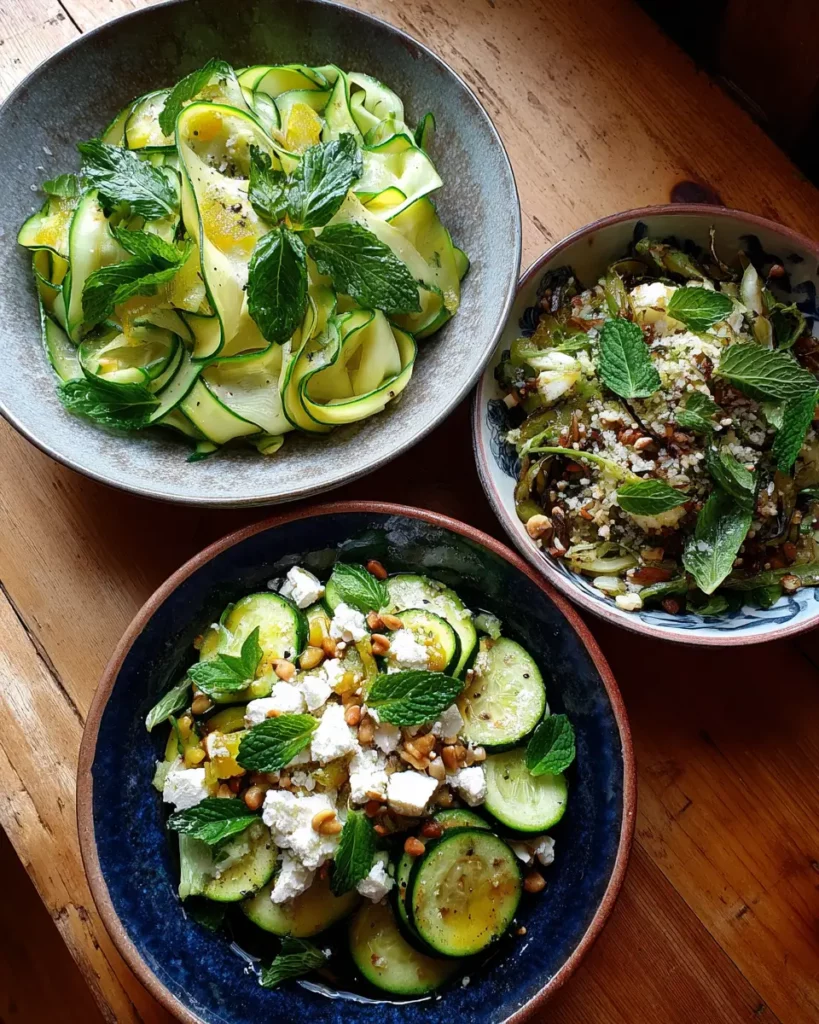 Trois salades de courgettes différentes présentées sur une table en bois : crue, rôtie et à l’asiatique.