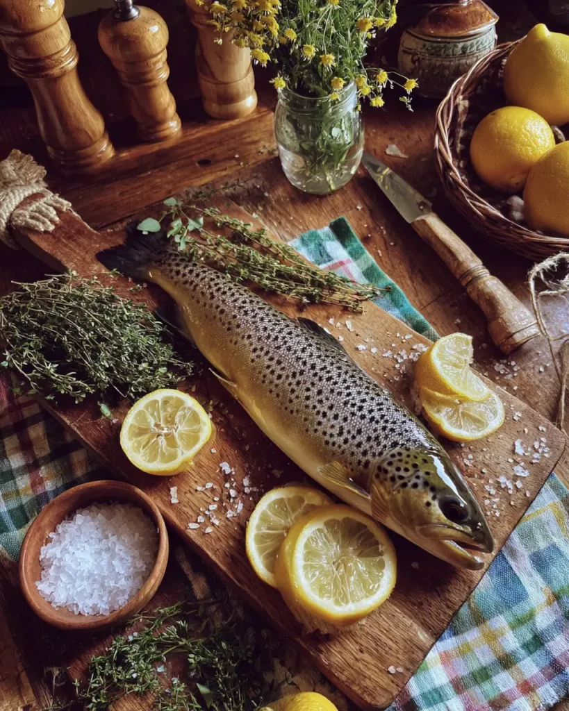 Une truite fario crue posée sur une planche, avec du citron, du sel et des herbes.