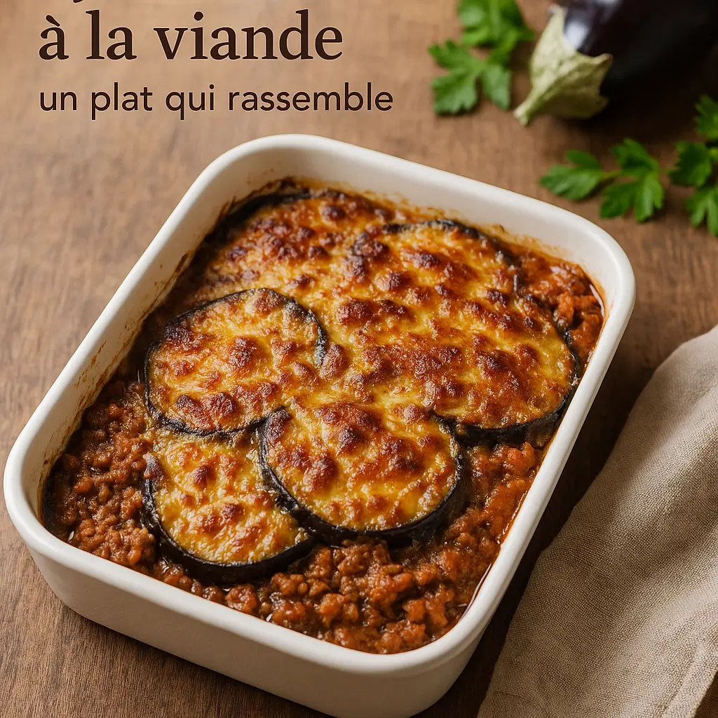 Gratin d’aubergines à la viande gratiné, prêt à être servi dans un plat en céramique sur une table en bois avec quelques herbes fraîches.