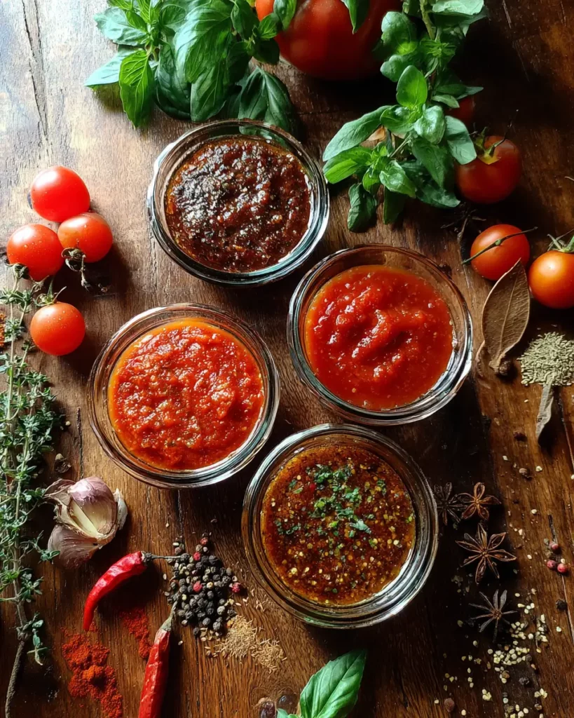 Quatre variantes de sauce tomate maison dans des petits bols : au basilic, aux légumes, pimentée et aux épices orientales.