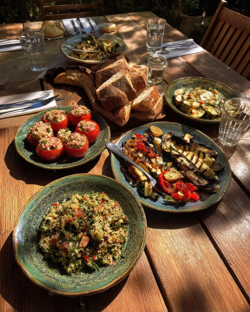 Repas estival avec tomates farcies au thon, salade de quinoa et légumes grillés