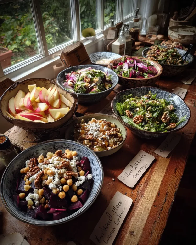 Trois versions de salade de betteraves et noix : avec pomme, avec feta, et avec pois chiches.
