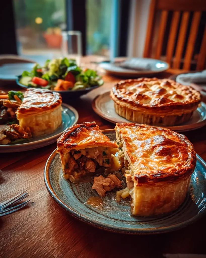 Trois tourtes salées différentes servies sur une table familiale avec salade