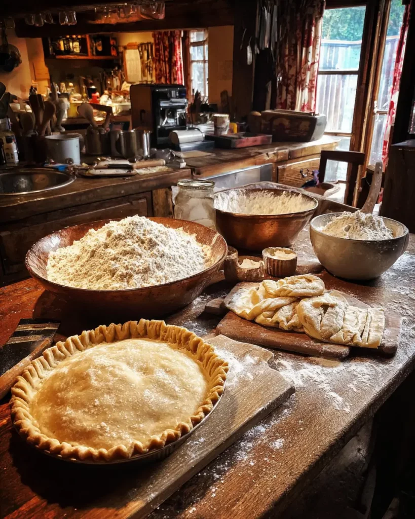Trois types de pâtes sur une planche en bois : brisée, feuilletée, et pâte à pain