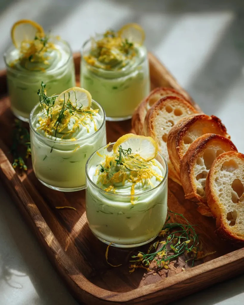Verrines de mousse avocat fromage blanc accompagnées de toasts