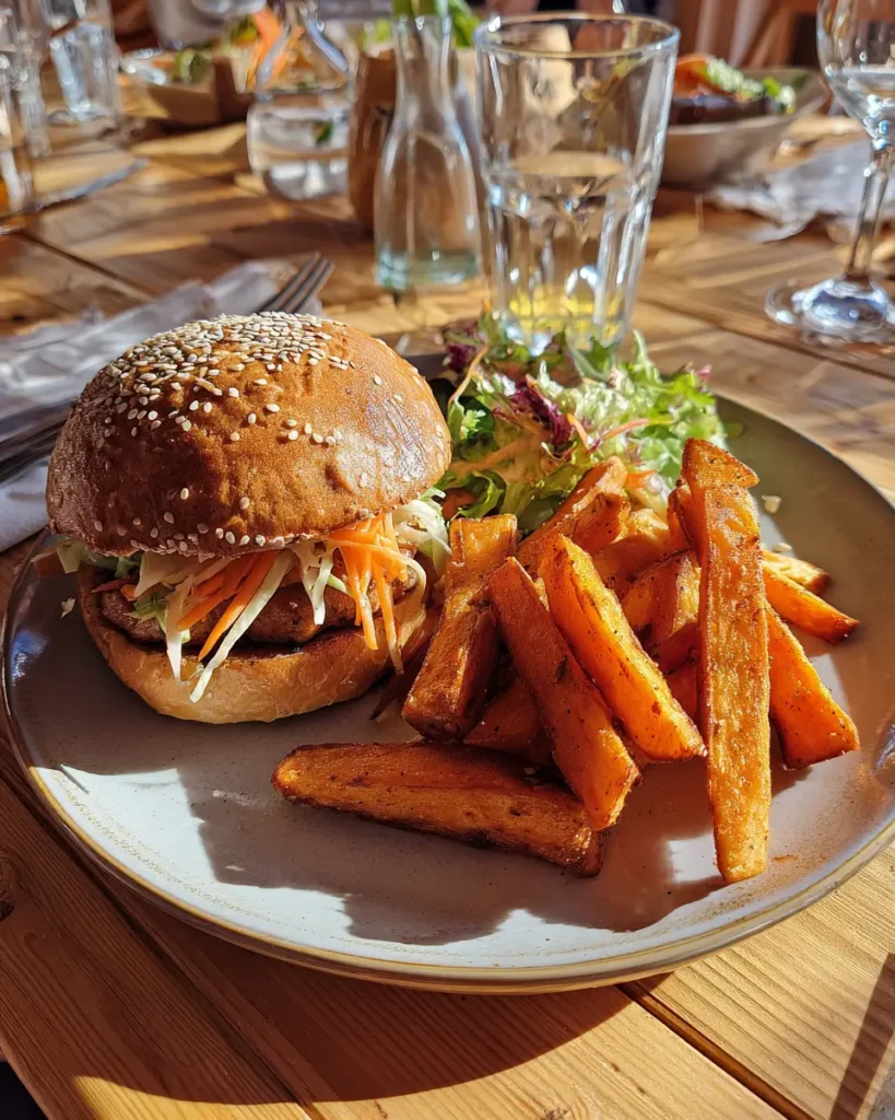 Banh Mi Burger servi avec frites de patate douce et salade asiatique