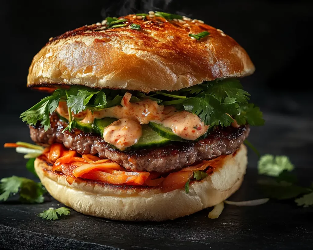 Gros plan de Banh Mi Burger maison au pain toasté et légumes marinés