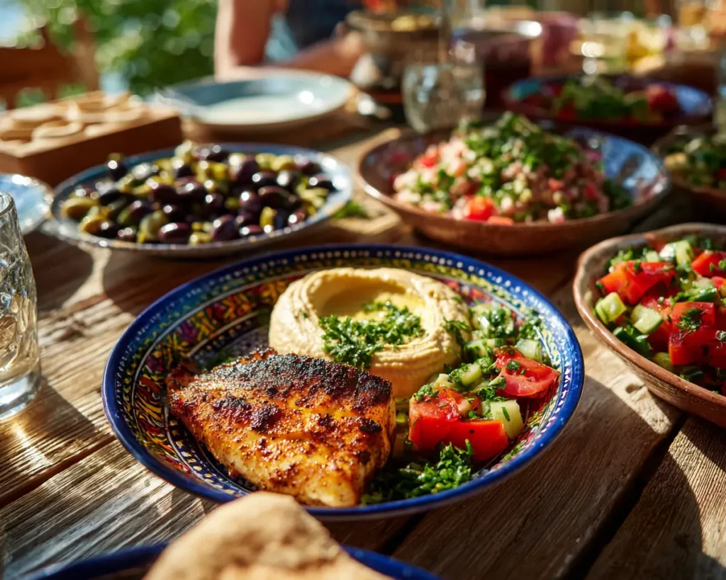 Recettes méditerranéennes sur table en bois