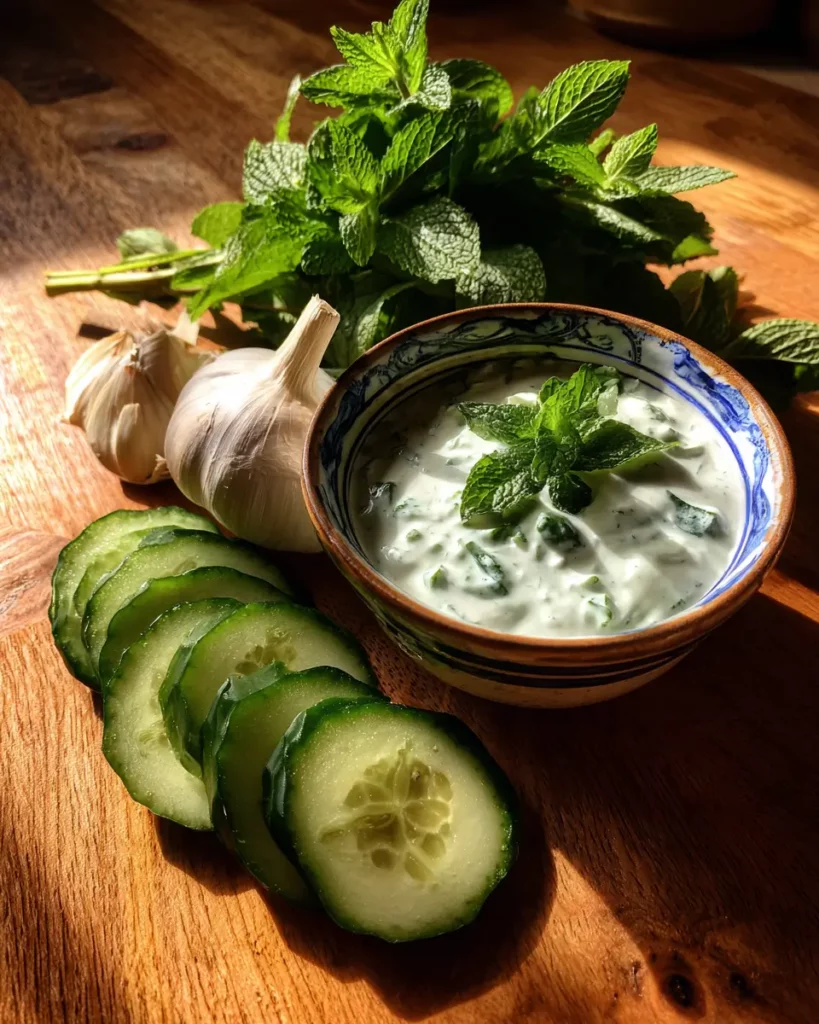 Gros plan sur une sauce yaourt concombre dans un bol avec des herbes, de l’ail et des tranches de concombre.