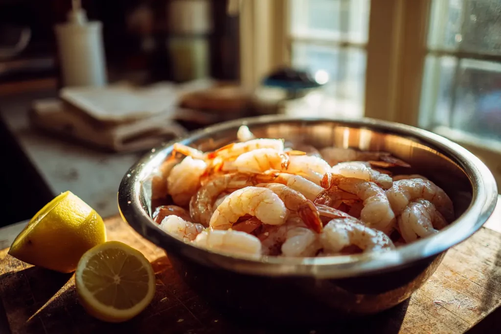 Des crevettes crues marinant avec du citron, du gingembre et du sel dans un bol en inox sur un plan de travail en bois.